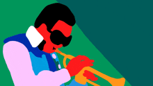 an illustration of a man playing a trumpet with a green background