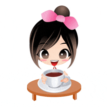 a cartoon girl is sitting at a table with a cup of coffee .