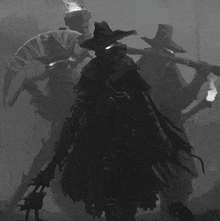 a black and white drawing of a witch with a torch