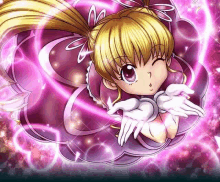 a cartoon girl with blonde hair and white gloves is surrounded by pink sparkles .