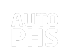 a white logo for auto phs on a white background