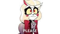 a cartoon character is asking for something with the word please below her