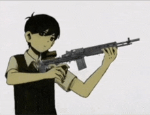 a boy in a vest is holding a gun in his hand .