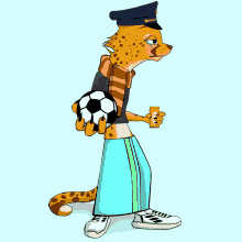 a cheetah holding a soccer ball and a can of coca cola