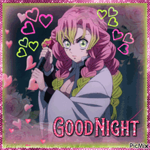 a picture of a girl with pink hair and the words goodnight