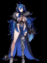 a female anime character with horns and blue hair is standing with a chain around her ankle .