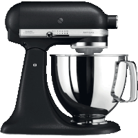 a black kitchenaid artisan mixer with stainless steel bowl