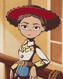 a cartoon drawing of jessie from toy story with a red hat
