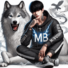 a man wearing a hoodie with the letter mb on it sits next to a wolf