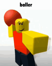 a roblox character is holding a red ball and the word baller is above it