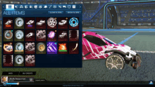 a rocket league game with a pink and white car on the screen