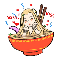 a cartoon drawing of a woman in a bowl of noodles with the word kiss written on the bottom