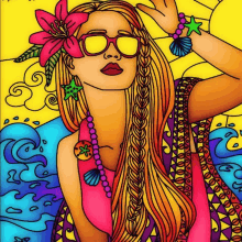 a colorful drawing of a woman with a flower in her hair