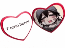 a red heart with a picture of a boy and the words " t amo honni " on it