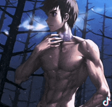 a drawing of a shirtless anime character with a tiktok logo on the bottom