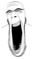 a black and white drawing of a man with his mouth wide open .
