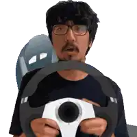 a man wearing glasses is holding a steering wheel in his hands