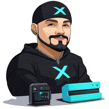 a cartoon of a man wearing a black hoodie with a blue x on it