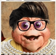 a cartoon character wearing glasses and a pearl necklace is smiling .