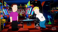 a cartoon of two men in an arcade with a tbs logo on the bottom right