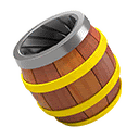 a wooden barrel with yellow straps and a metal ring on a white background .