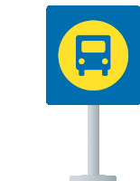 a blue sign with a yellow circle with a bus on it