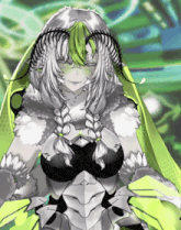 a girl with white hair and green eyes is wearing a black top
