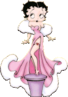 betty boop is standing on a pedestal wearing a pink dress and fur coat .