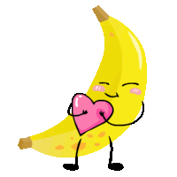 a cartoon illustration of a banana with arms and legs holding a pink heart