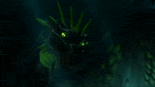 a dragon with green eyes is flying through the air in the dark