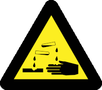 a yellow and black warning sign with a hand and a beaker on it