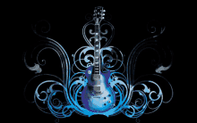 a blue gibson guitar is surrounded by blue swirls