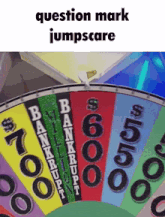 a colorful spinning wheel with the words question mark jumpscare on top