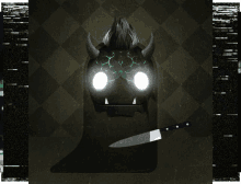 a picture of a monster with horns and a knife in its mouth