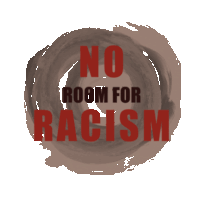 a sign that says " no room for racism " on it