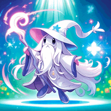 a wizard with long white hair and a beard holding a wand