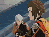 two anime characters are standing next to each other on a set of stairs