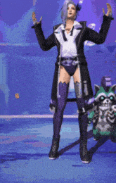a woman in a black coat and purple stockings is standing next to a raccoon