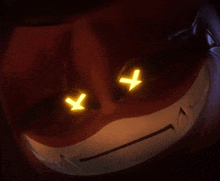 a close up of a cartoon character 's face with glowing eyes