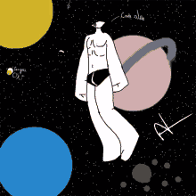 a drawing of a person standing in space with a planet in the background and the letters a and t on the bottom