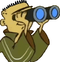 a cartoon character is looking through binoculars with a white background