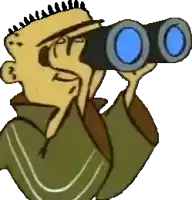 a cartoon character is looking through binoculars with a white background