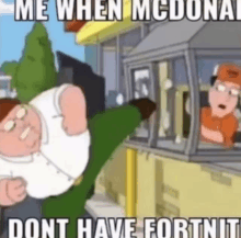 a cartoon of peter griffin standing in front of a mcdonald 's drive thru window .