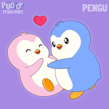 a cartoon of two penguins hugging each other with a heart above them that says puddy penguins