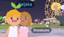 two cartoon characters are standing next to each other in front of a ferris wheel and the name snookums is next to them