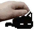 a pixel art of a hand holding a black cat with white eyes .