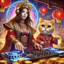 an illustration of a woman and a cat playing music with a pioneer dj controller