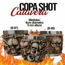 three cups with skulls on them are labeled copa shot