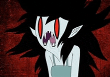 a close up of a cartoon character with black hair and red eyes .