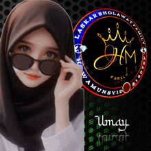 a girl wearing sunglasses and a hijab has a logo that says umdy